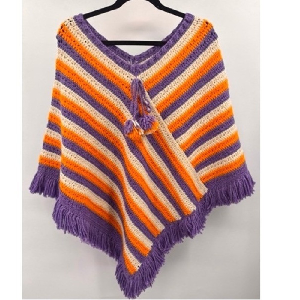 Vintage Handmade Crochet Poncho Purple Orange Striped Fringe Boho One Size